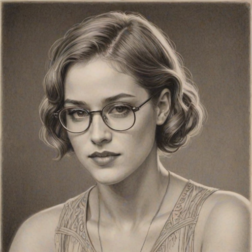 Fetching Cody Horn, pencil sketch, portrait of Beauteous woman 1920s in glasses, hair style beatnik, outline, clear lines, fine lines, 8k