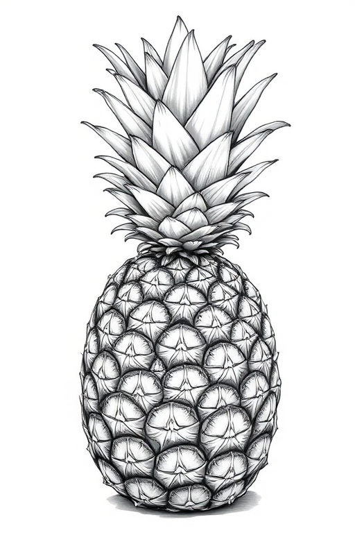 create a detailed black and white sketch of a pineapple with intricate patterns on its outer skin and a layered leafy top