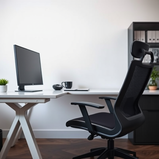 Create an image of a modern office workspace featuring a sleek desk and ergonomic chair, with a computer monitor on the desk, shot from an eye-level perspective, using a DSLR camera with a 50mm lens, aperture set to f/2.8 for a shallow depth of field, ISO 200, and natural light for enhanced clarity and color vibrancy.