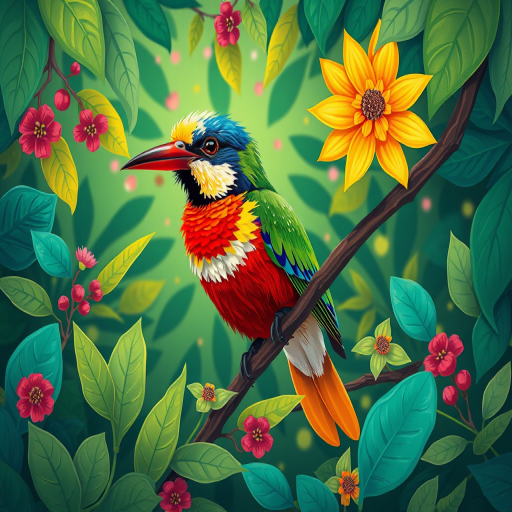 Create a vibrant illustration of a colorful bird perched amidst lush foliage with a whimsical background, using a Canon EOS R5, 50mm lens, f/2.8 aperture, ISO 100, 1/250s exposure, vibrant colors and high detail to enhance the quality.