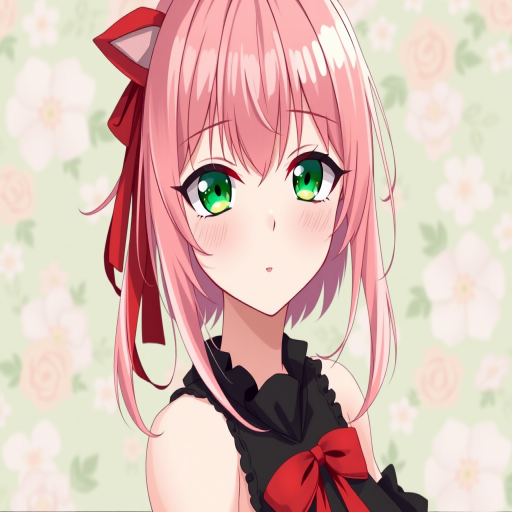 Create an anime character portrait of a girl with pink hair and green eyes, wearing a black dress with a red ribbon, against a light green floral background, shot with a Canon EOS R5, 50mm lens, f/1.8 aperture, ISO 100, natural lighting, with a soft-focus effect.