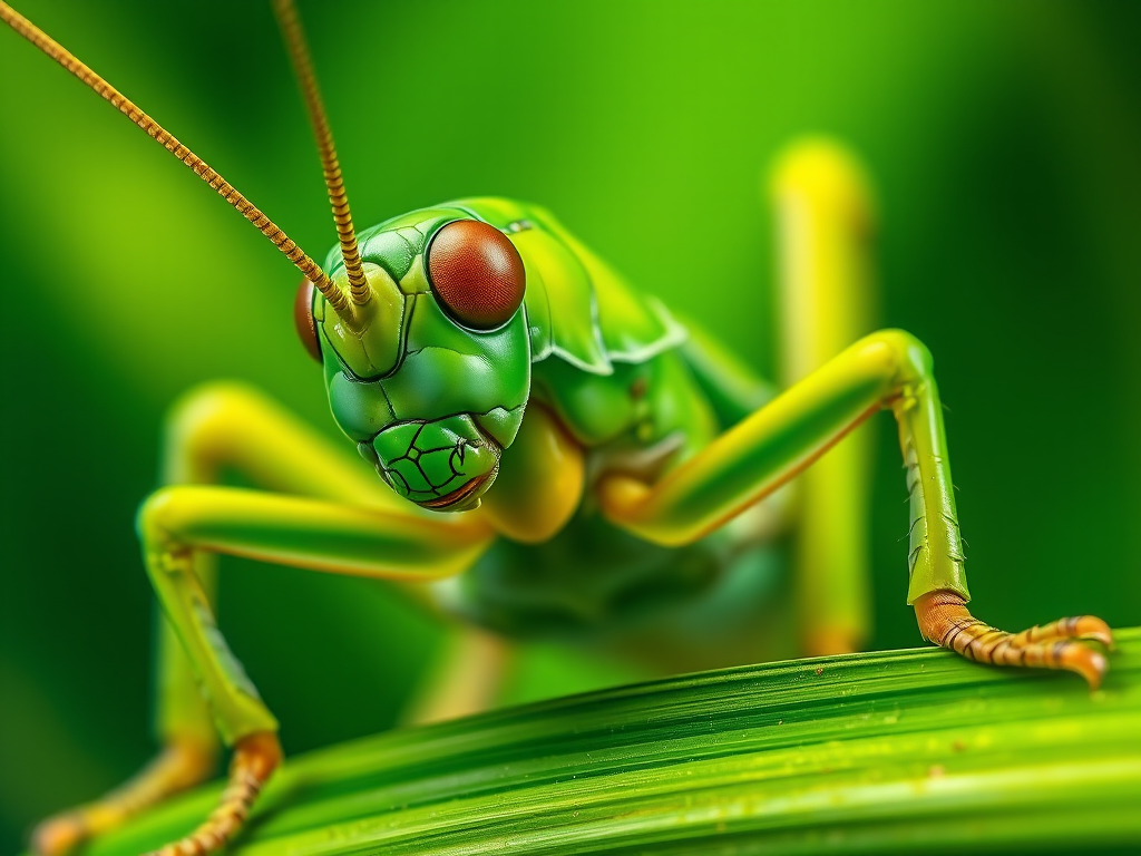 Generate a detailed illustration of a green grasshopper with exaggerated features, close-up view, using a DSLR camera with a 35mm lens, f/2.8 aperture, 1/250 sec shutter speed, and ISO 100, capturing vibrant colors and smooth textures.