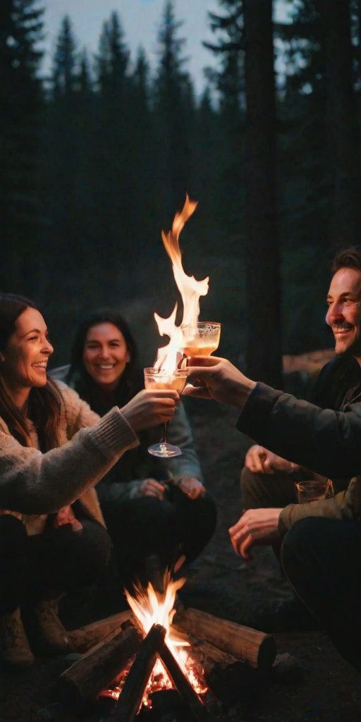 Blurry, candid photo of friends toasting with drinks around a dimly lit campfire, soft glow from the flames illuminating their faces, with distant laughter filling the night air.