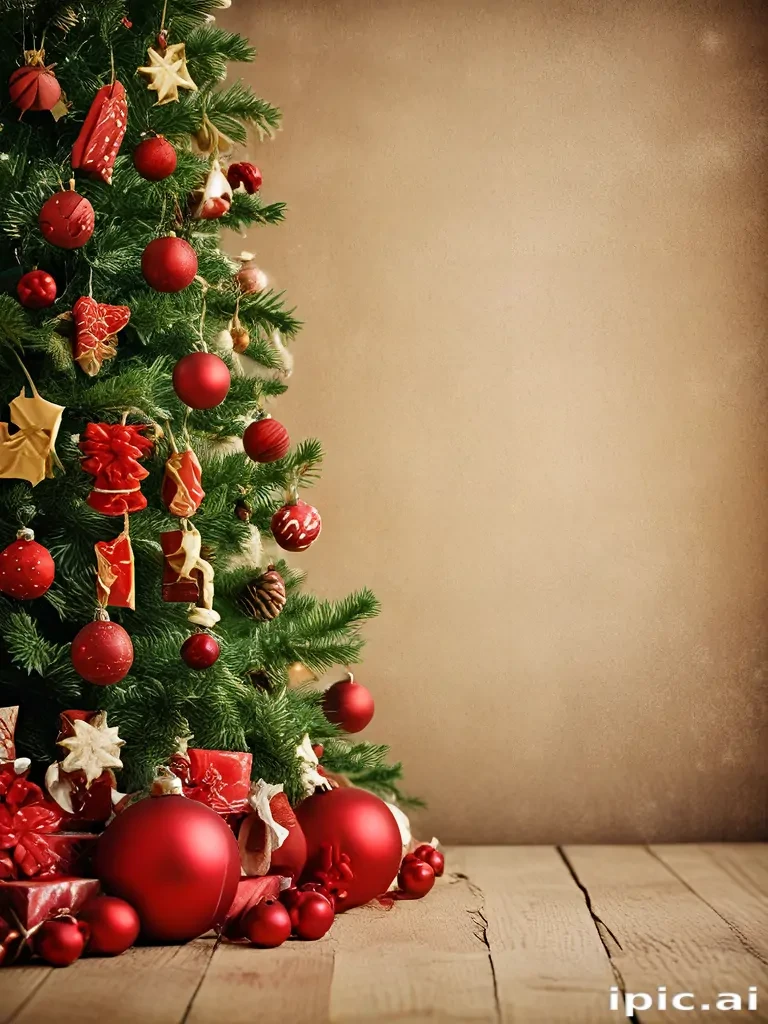 Festively Decorated Christmas Tree with Red Ornaments and Warm Background
