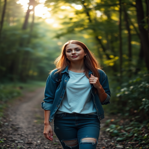 A young woman in a casual outfit walking through a lush forest, soft sunlight filtering through the trees, captured with a Canon EOS 5D Mark IV, 50mm lens, aperture f/2.8, ISO 100, 1/200 sec, with a shallow depth of field for a blurred background effect.