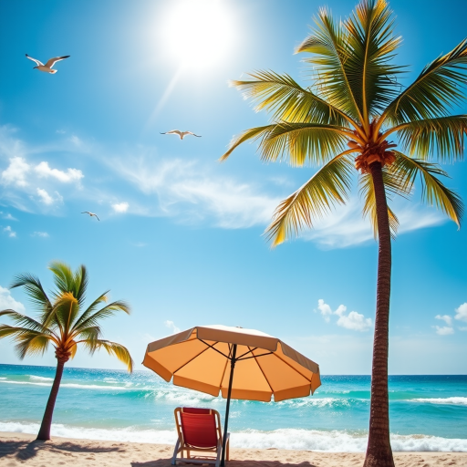 tropical beach scene with clear blue sky, sun shining brightly, two palm trees, a deck chair under an umbrella, gentle waves in the background, birds flying overhead, shot with a Canon EOS 5D Mark IV, f/11, ISO 100, 1/200 sec, vibrant colors, wide-angle lens for enhanced depth.