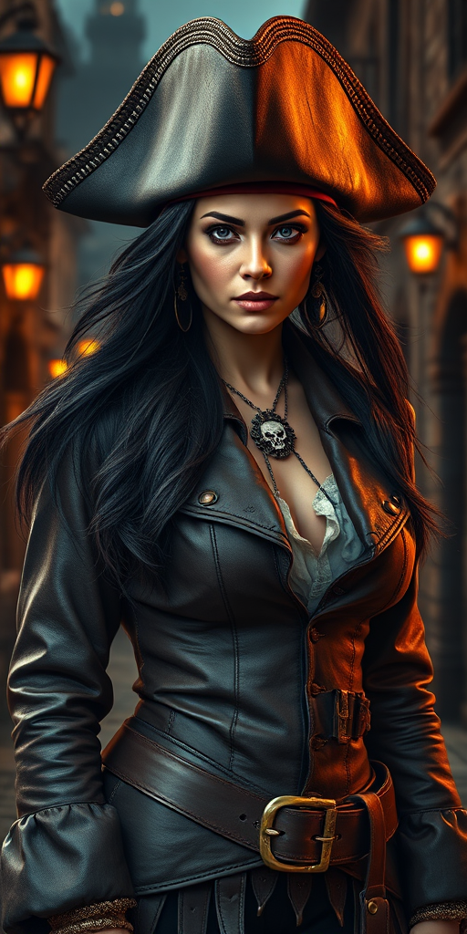 Create a portrait of a fierce female pirate. She wears a leather tricorn hat adorned with a skull and crossbones emblem, and her long, dark hair flows around her face. Her outfit consists of a richly detailed leather jacket, a corset, and multiple layers of belts and accessories, giving her a formidable and stylish appearance. She stands confidently in a dimly lit, historic port town, with a backdrop of weathered buildings and cobblestone streets, capturing the adventurous spirit of a pirate.