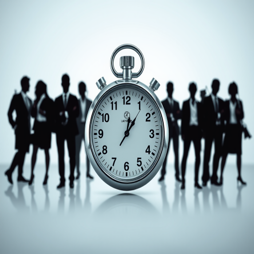 Regenerate an image of a stopwatch surrounded by an abstract design, featuring silhouettes of diverse business people in professional attire, with a clean background, shot in high resolution with a DSLR camera, aperture set to f/2.8, ISO 100, and a focal length of 50mm, using a wide-angle perspective for depth.