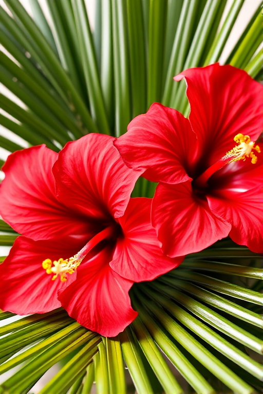 Generate a vibrant tropical floral arrangement with two red hibiscus flowers and green palm leaves in high resolution, using a DSLR camera with a 50mm lens, aperture f/2.8, ISO 100, and a macro perspective to enhance detail and color richness.