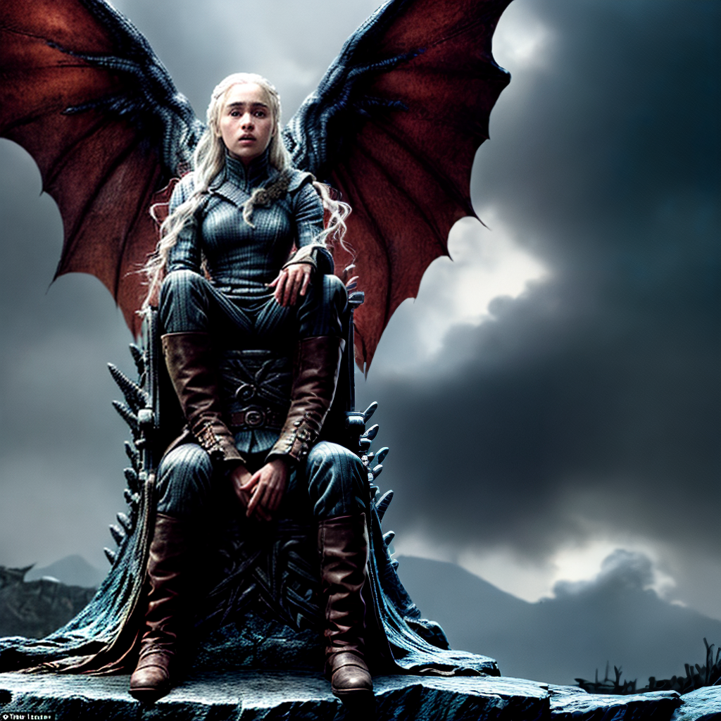 Daenerys Targaryen sits on the Iron Throne surrounded by dragon wings