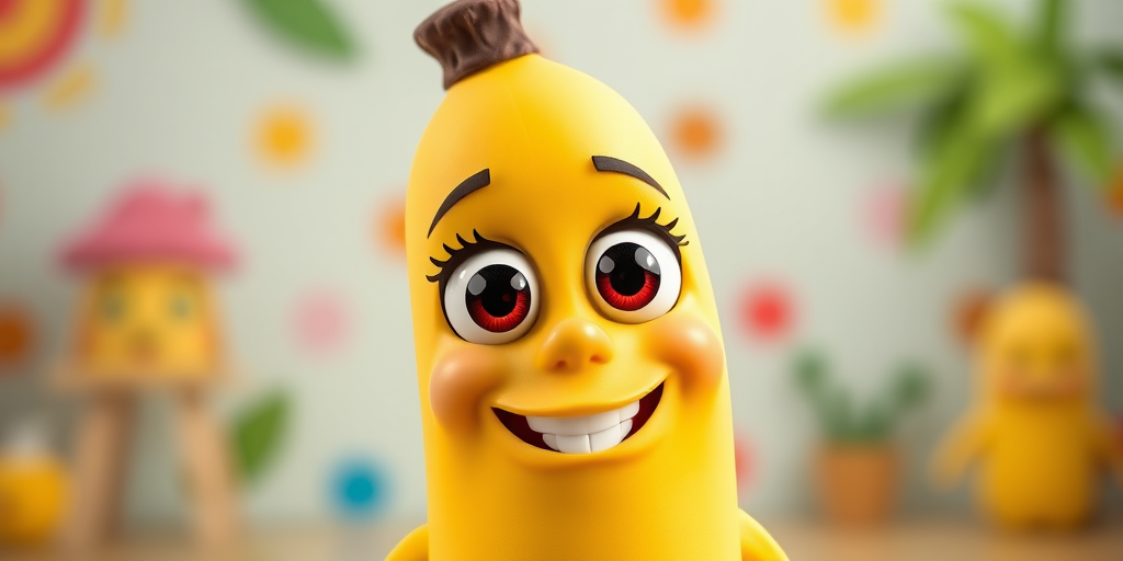Create a vibrant, cartoonish banana character with large eyes and a big smile, shot in high resolution using a Canon EOS R5, 35mm lens, f/1.8 aperture, ISO 200, 1/200 sec, with a bright, playful background and a soft focus effect to enhance the image quality.