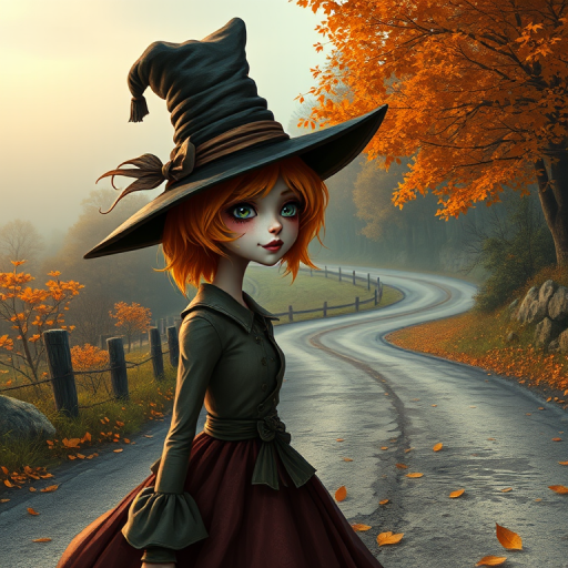 digital art fantasy depicting a strange girl with orange hair, long eyelashes, brown lipstick and a tall hat walking along a winding road on an autumn afternoon, an Oyster smiles as she passes