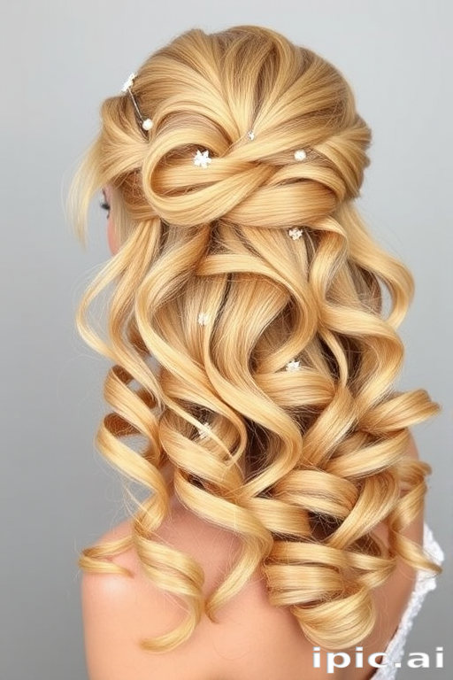 Radiant honey-blonde curls styled in a voluminous half-up, half-down look, adorned with delicate pearl pins scattered throughout, creating the romantic "Sweet Nectar" style