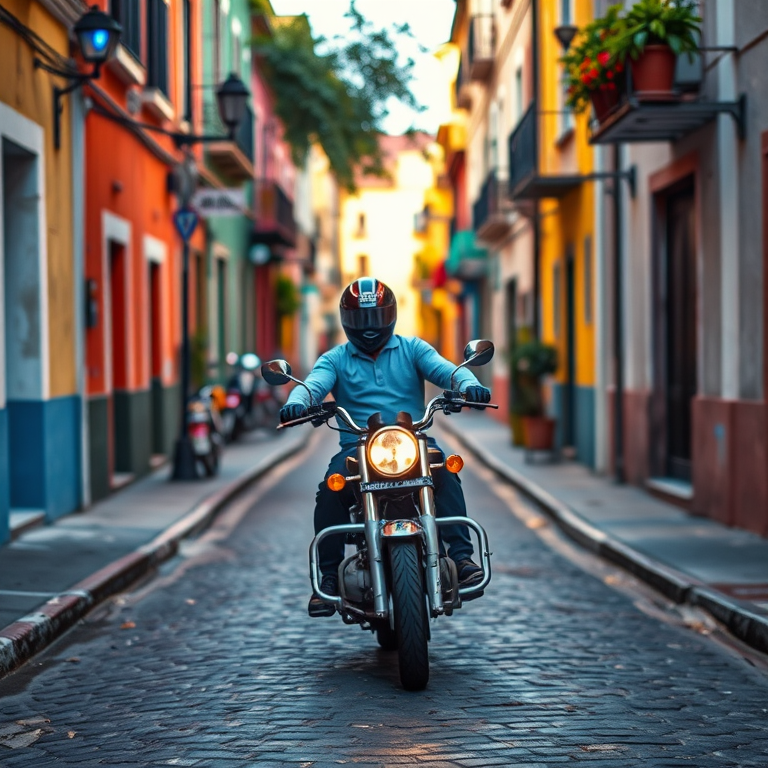 regenerate an image of a person riding a motorcycle down a cobblestone street in a colorful neighborhood during the day, using a DSLR camera with a 50mm lens, aperture set to f/2.8, ISO 200, and a shallow depth of field for a vibrant, detailed background and sharp subject focus