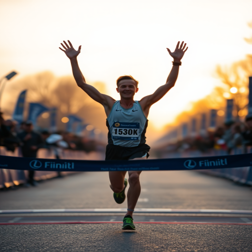 Blurry action shot of a runner crossing the finish line of a marathon at dawn, arms raised in triumph, with soft light from the rising sun casting long shadows and cheering crowds blurred in the background.