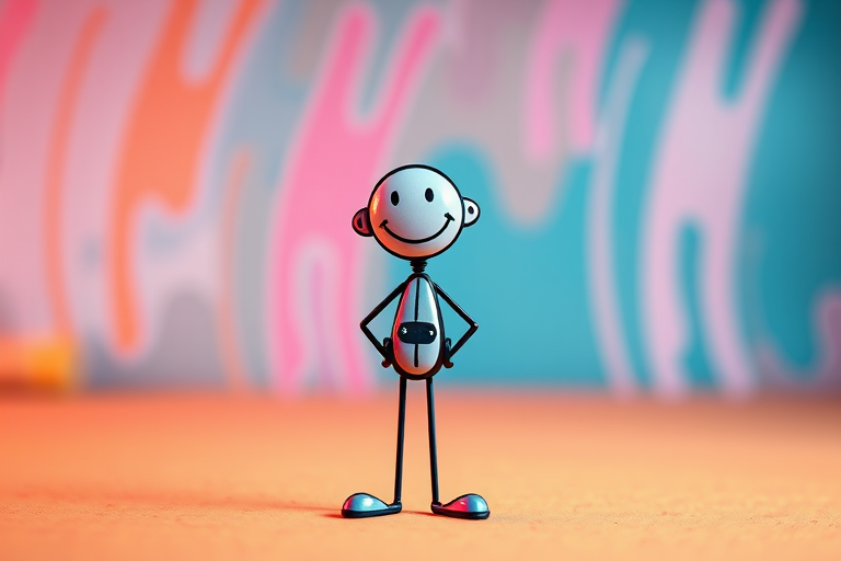 Create a vibrant, animated-style image of a stick figure standing with a friendly expression, using a wide-angle lens at f/8, ISO 100, 1/60s shutter speed, captured in 4K resolution with a digital camera for enhanced quality.