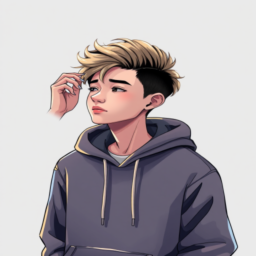 Create a high-resolution illustration of a person in a hoodie applying a changeable hairstyle, captured with a Canon EOS R5 at f/2.8, ISO 100, 50mm lens, in a soft-focus studio setting, emphasizing sharp details and smooth lines.