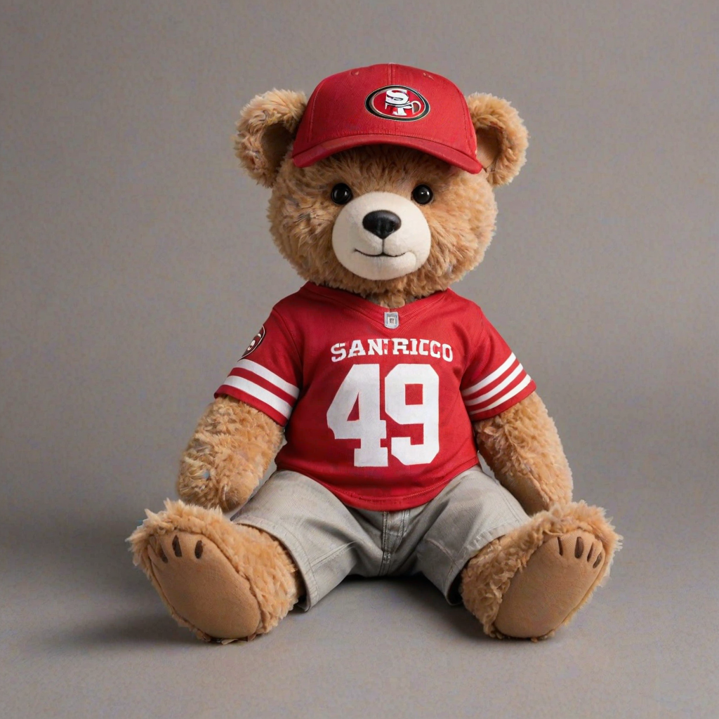 A cute and fluffy teddy bear dressed in a San Francisco 49ers-themed outfit, wearing a red cap with the 49ers logo, aviator sunglasses, and a white football jersey with red accents. The bear is also wearing casual jeans and red and white sneakers, while sitting in a relaxed pose with a football beside it. The teddy bear has a cool, laid-back attitude, with a sporty vibe. The background is clean and minimal, highlighting the bear as the main focus.
