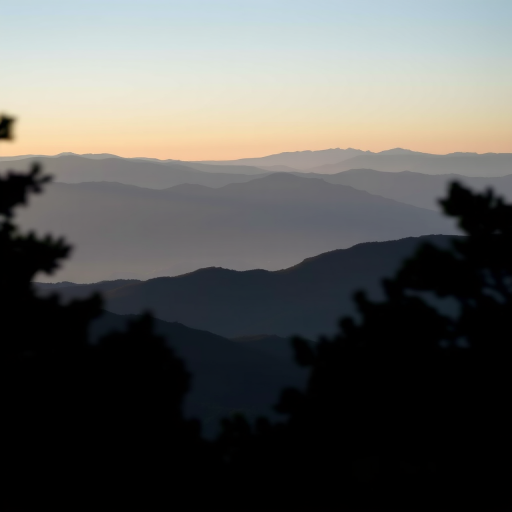 Generate a serene landscape featuring layered mountains and a gradient sky, with silhouette trees framing the image, captured from a low angle using a DSLR camera at f/8 aperture, ISO 100, 50mm lens, in soft light conditions for a smooth, high-quality finish.