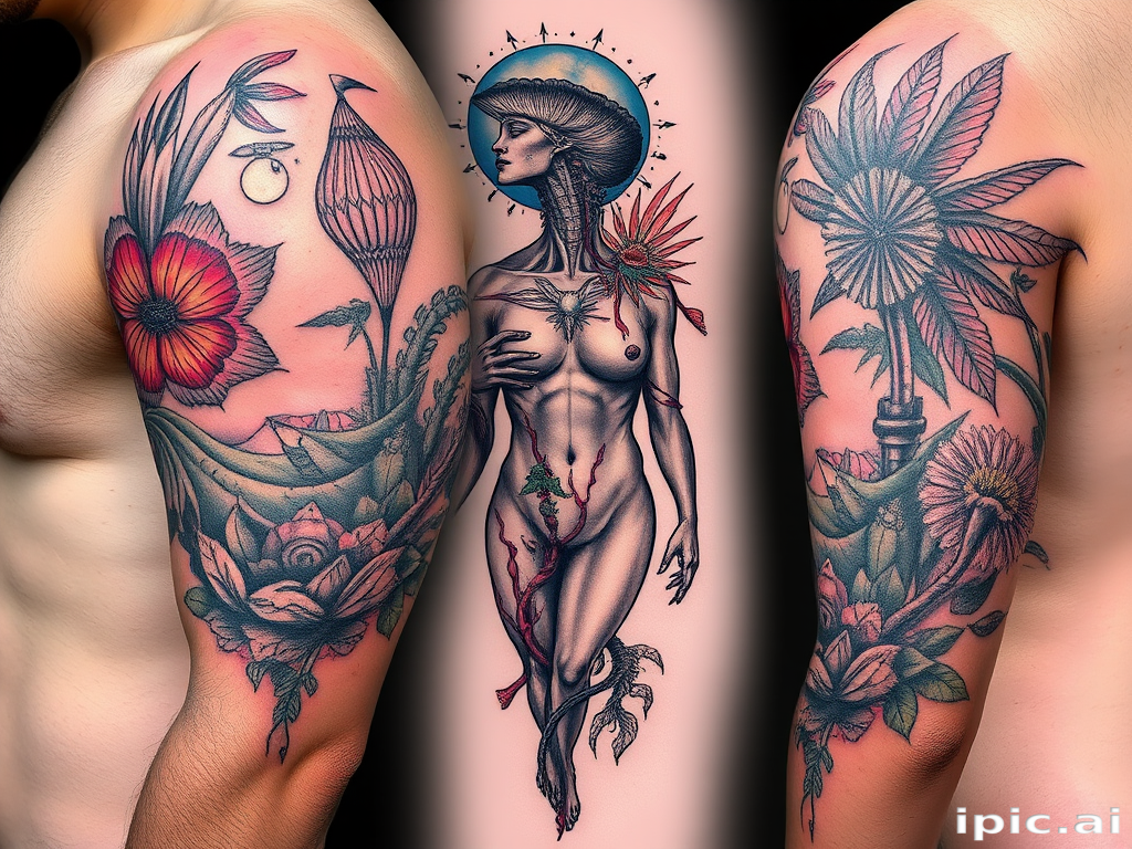 Surrealist tattoo called "Dreamscape Fusion" blending elements of nature and human anatomy in unexpected ways, creating a thought-provoking and visually striking piece, celebrated for its imaginative concepts