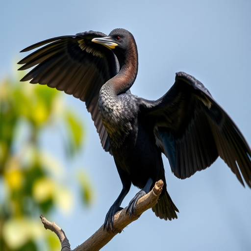 Create a high-resolution image of a cormorant spreading its wings while perched on a branch, captured in natural daylight using a Canon EOS R5 with a 70-200mm f/2.8 lens, aperture set to f/4, shutter speed 1/1000s, and ISO 200 for optimal clarity, with a shallow depth of field to blur the background and enhance the subject.