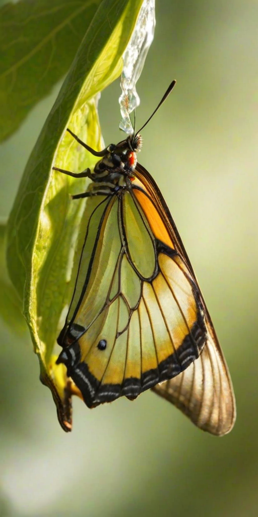Sharp, detailed close-up of a butterfly emerging from its chrysalis, vibrant wings unfurling, with the delicate texture of its body and soft sunlight filtering through nearby leaves.