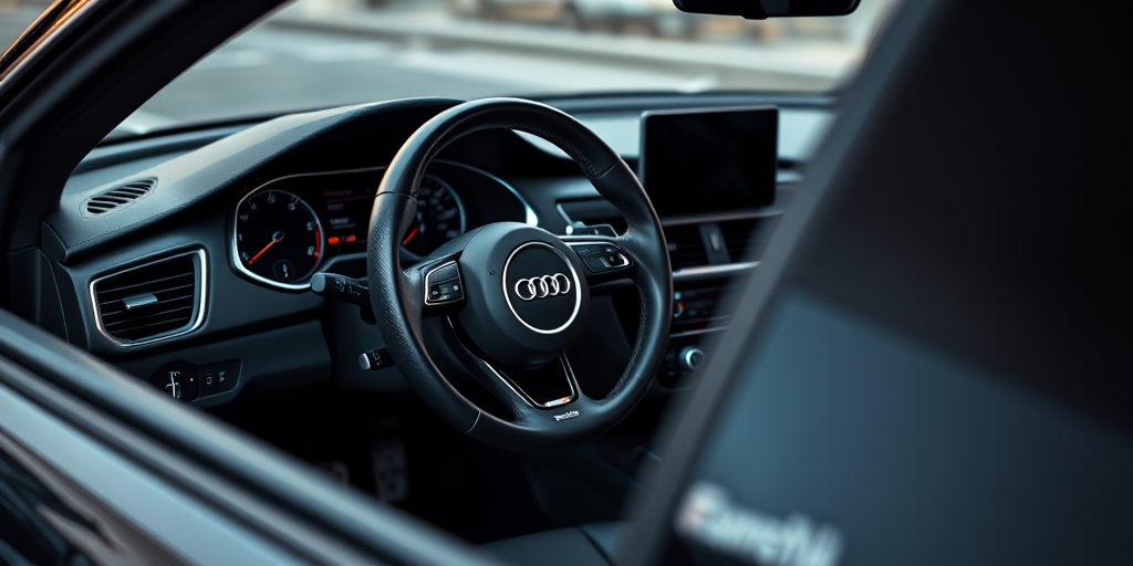 Regenerate an image of the interior of an Audi, focusing on the steering wheel and dashboard, using a DSLR camera with a 35mm lens, f/2.8 aperture, ISO 100, shot from a slight angle to capture depth, and achieve sharp details and vibrant colors.