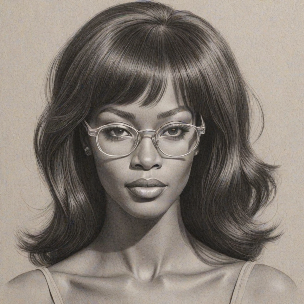 Sublime Naomi Campbell, pencil sketch, portrait of Dazzling woman 1955s in glasses, hair style beatnik, outline, clear lines, fine lines, 8k
