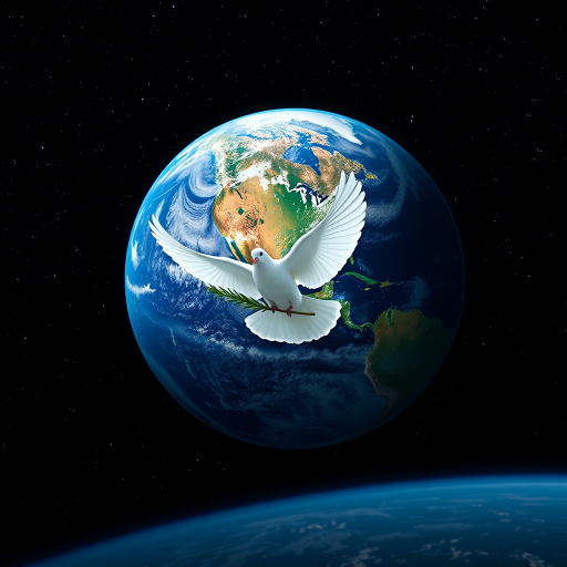 Generate an image of Earth viewed from space with a white dove holding an olive branch, vibrant colors with a deep starry background, use a Canon EOS R5 with a 24-70mm f/2.8 lens, set aperture to f/8, ISO 100, and shutter speed 1/200 sec for enhanced clarity and detail.