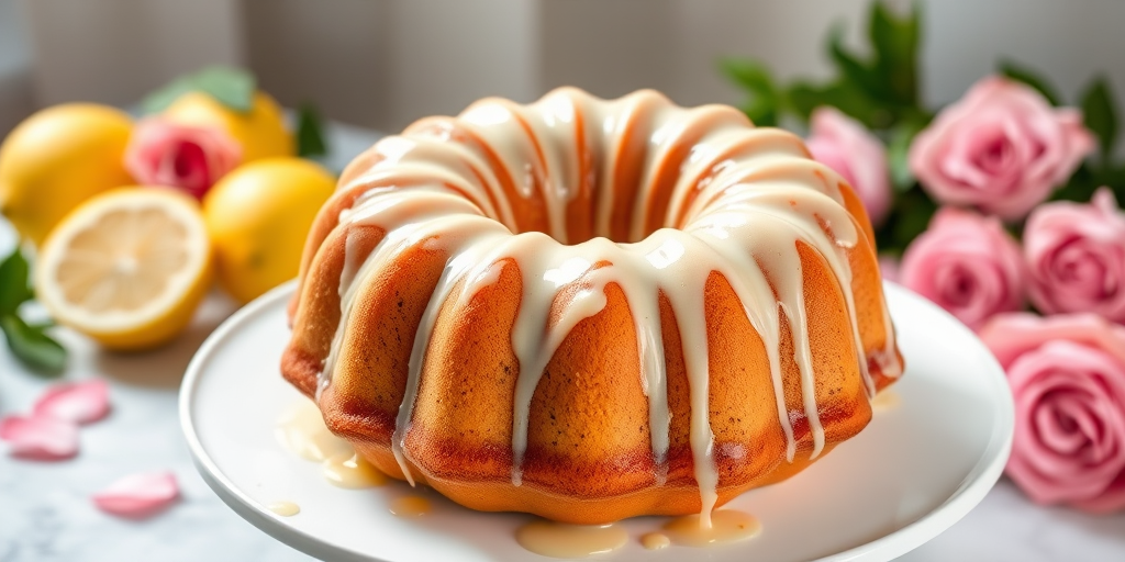 A beautifully glazed lemon bundt cake on a white serving plate with a glossy icing drizzle and a background of fresh lemons and pink roses in soft focus, natural lighting highlighting the cake's texture and shine.