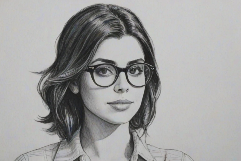Superb Jamie-Lynn Sigler, pencil sketch, portrait of Stunning woman 1927s in glasses, hair style beatnik, outline, clear lines, fine lines, 8k