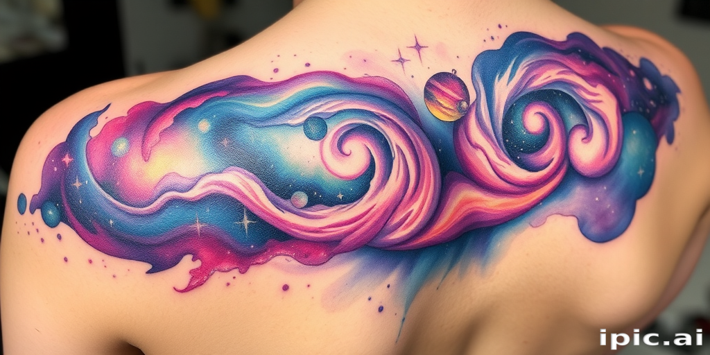 Cosmic watercolor tattoo called "Nebula Dreams" portraying a dreamy galaxy scene with swirling nebulae, twinkling stars, and distant planets, utilizing soft color blending techniques to create an ethereal, otherworldly effect, ideal for shoulder, back, or ribcage placement