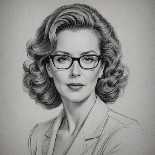 Ravishing Elizabeth Perkins, pencil sketch, portrait of Appealing woman 1947s in glasses, hair style beatnik, outline, clear lines, fine lines, 8k