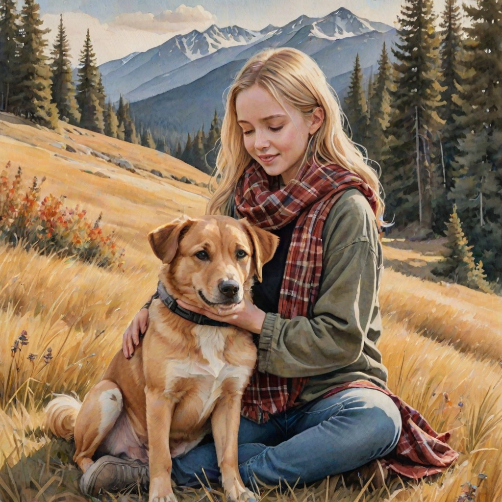 A detailed watercolor and acrylic illustration showing a heartwarming scene between a young blonde girl in pigtails and a Bearnaise Mountain dog. The girl, dressed in a rust hoodie, jeans, and a plaid scarf, gently rests her hand on the dog’s head. The dog, with black, copper, and white fur, sits beside her, tilting its head in affection. They sit on golden grass with wildflowers, against a sunny fall background. The artwork focuses on realistic textures and the tender bond between them.