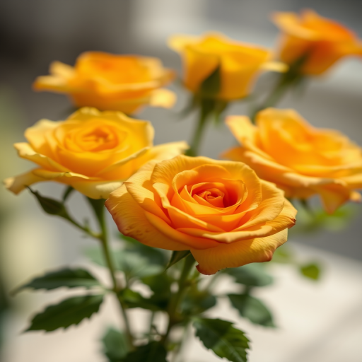 macro shot of vibrant yellow and orange roses in soft focus background with natural light, 50mm lens, aperture f/2.8, ISO 100, shot from above, DSLR camera