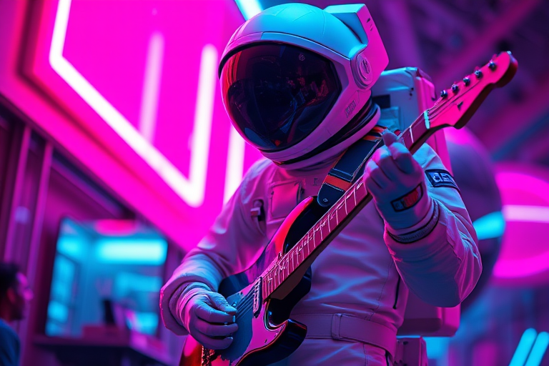 A futuristic astronaut playing an electric guitar in a neon-lit environment, vibrant pink and blue colors, dramatic lighting, captured with a Canon EOS R5, 50mm lens, f/1.8 aperture, ISO 200, 1/200s shutter speed, HDR style, high contrast, focus on the musician.