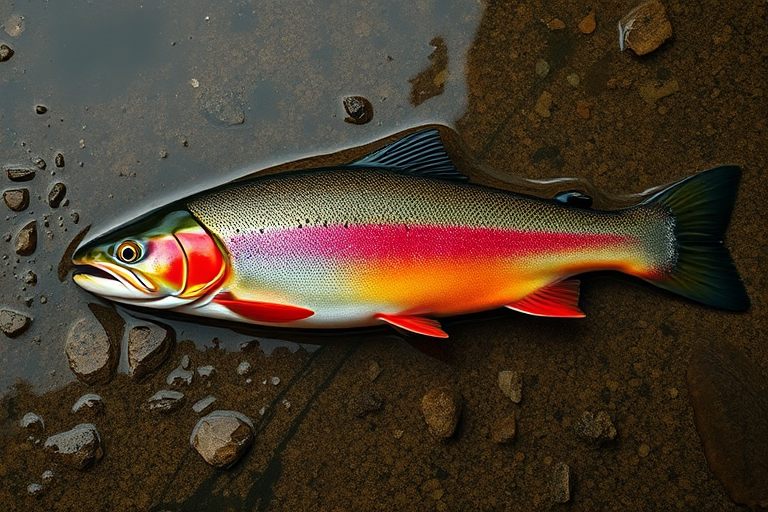 Create a high-resolution image of a whole rainbow trout lying flat, captured from a top-down view, using a Canon EOS 5D Mark IV camera, aperture f/8, ISO 100, and a 50mm lens to enhance color vibrancy and texture detail.