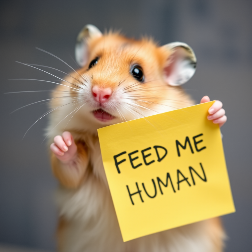 hamster holding a note which says "FEED ME HUMAN"