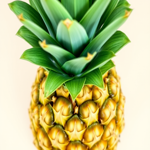 Generate an image of a fresh, ripe pineapple with a vibrant green crown and a textured yellow-brown surface.
