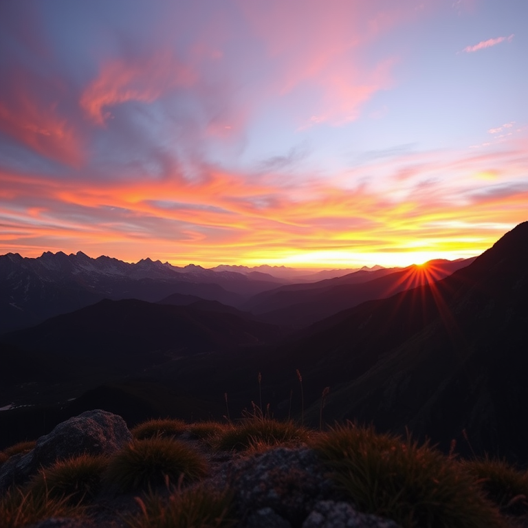 Create a high-resolution image of a serene mountain landscape at sunrise, using a DSLR camera with a 24mm lens, aperture f/11, shutter speed 1/125 sec, ISO 100, and shoot from a low angle to capture foreground detail and vibrant colors in the sky.