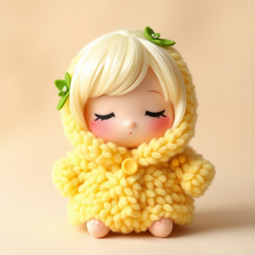 A cute doll resembling a *cereal*, dressed in a fluffy yellow coat that mimics the texture of corn kernels. The doll has soft, closed eyes and light blonde hair, adorned with green leaves and a yellow button at the collar. The background is a soft beige to complement the colors of the doll, and the overall style is whimsical and pastel, emphasizing a cozy, huggable appearance.