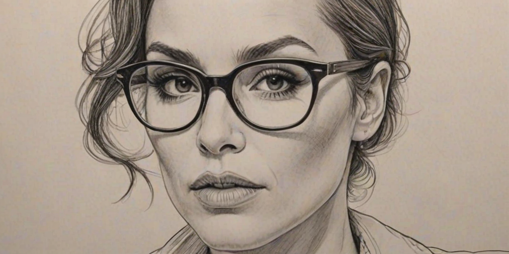 Fascinating Noomi Rapace, pencil sketch, portrait of Wonderful woman 1938s in glasses, hair style beatnik, outline, clear lines, fine lines, 8k