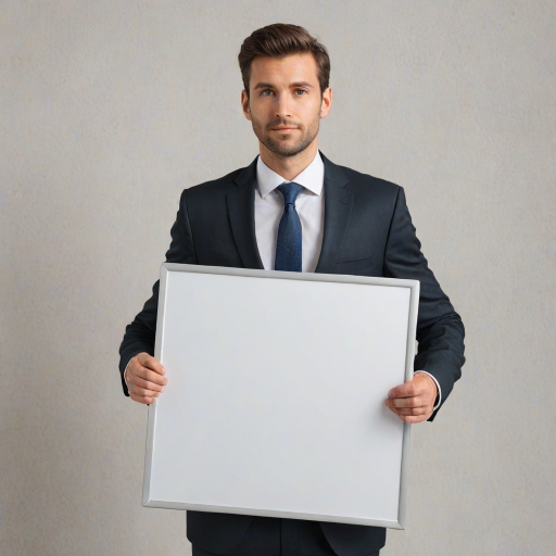 Create an image of a professional individual in a business suit, holding a large blank whiteboard in front of their face. The background should be neutral to emphasize the person and the blank board. Make sure the person's hands are visible, and they are positioned at mid-chest level, showcasing the blank space clearly.