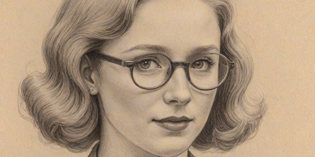 Radiant Molly C. Quinn, pencil sketch, portrait of Comely woman 1929s in glasses, hair style beatnik, outline, clear lines, fine lines, 8k