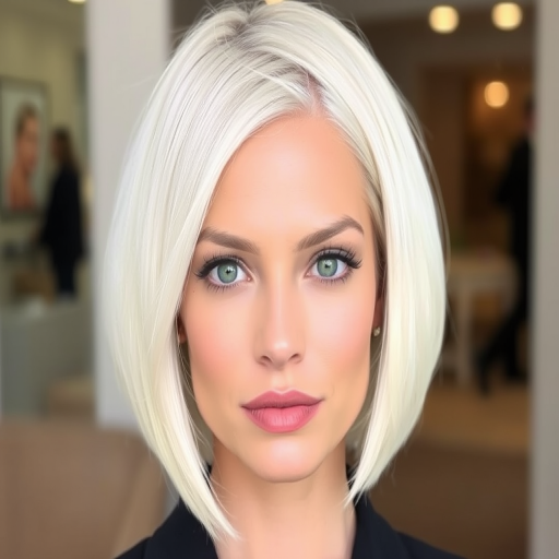 Elegant hair style showcasing a sleek platinum blonde bob with razor-sharp edges and a subtle side-swept fringe framing the face beautifully