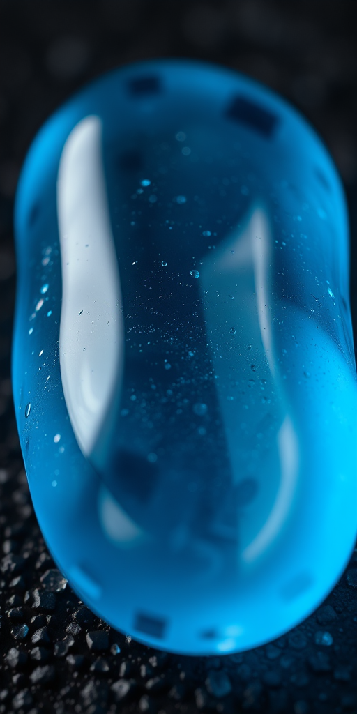 A close-up shot of a translucent blue object on a textured black background, taken with a macro lens, ISO 100, aperture f/2.8, shutter speed 1/200 sec, natural lighting, using a DSLR camera for high detail and clarity.