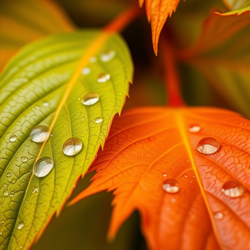 Close-up shot of vibrant green and orange leaves with water droplets, soft focus background, f/2.8 aperture, 1/200s shutter speed, ISO 100, macro lens, natural light, DSLR camera, 50mm focal length.