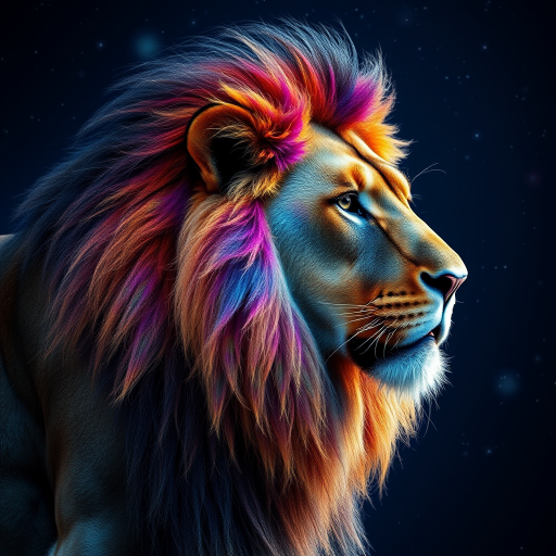 A majestic lion with a cosmic, colorful fur pattern, deep space background, side profile view, shot with a Canon EOS R5, 85mm f/1.2 lens, ISO 100, f/1.2, 1/500 sec, high dynamic range.