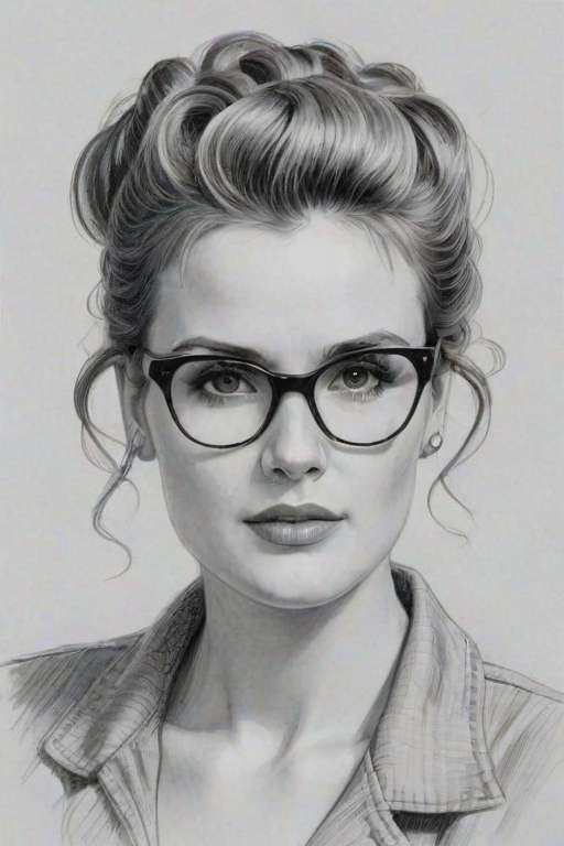 Comely Maggie Grace, pencil sketch, portrait of Radiant woman 1951s in glasses, hair style beatnik, outline, clear lines, fine lines, 8k