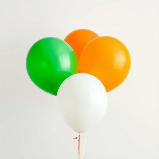 Generate an image of three balloons in green, orange, and white colors, using a Canon EOS 5D Mark IV with a 50mm lens, aperture f/2.8, ISO 100, shot at a 45-degree angle with a soft focus background for a vibrant presentation.